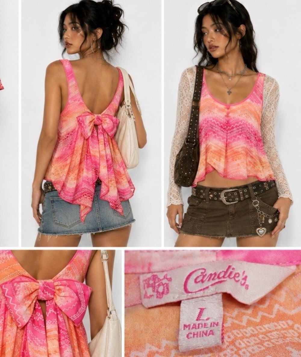 Y2K Boho Indie Sleaze Candie's Tribal Print Tank Top Size L Pink Orange Bows